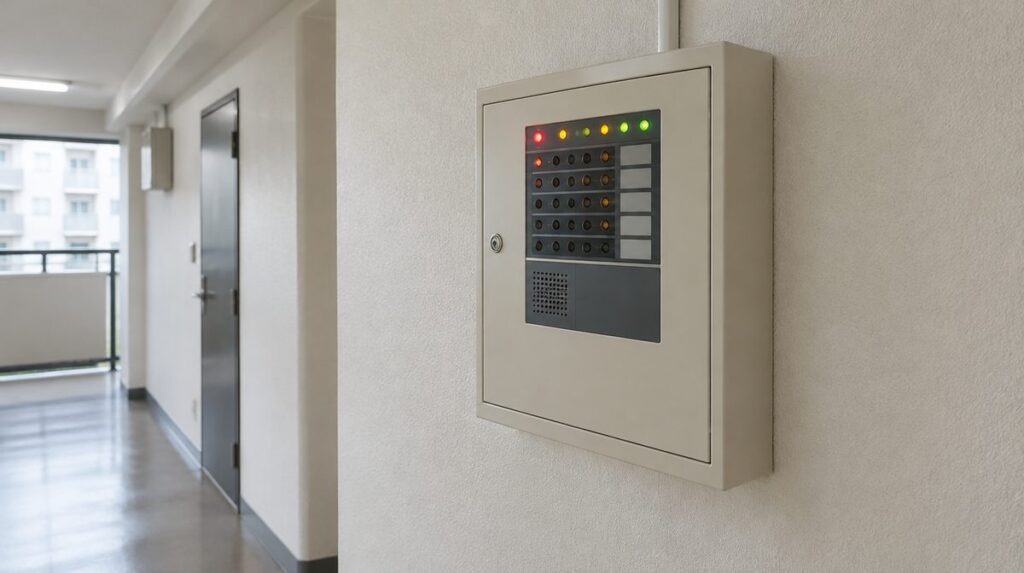 マンションの共用廊下に設置された火災受信機