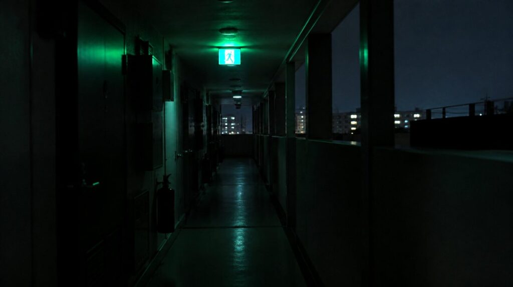 停電で照明が消えた共用廊下と点灯する避難口誘導灯