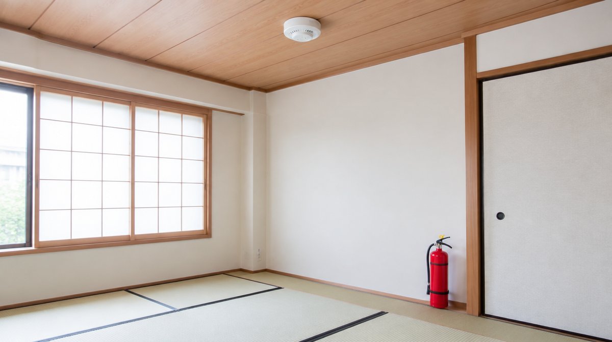客室の天井の住宅用火災警報器と消火器