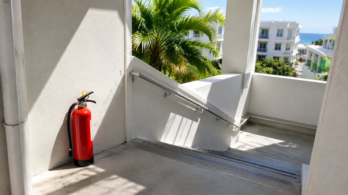 アパートの屋外階段に置かれた消火器