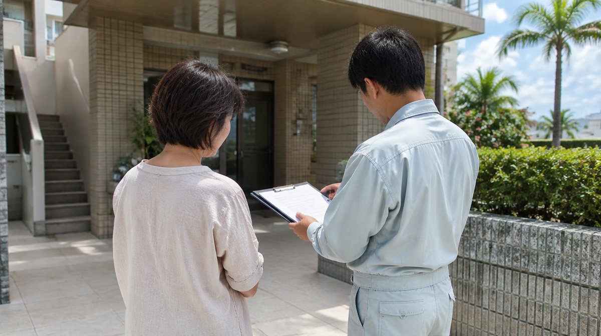 建物のオーナー様と作業服の担当者が書類を確認している様子