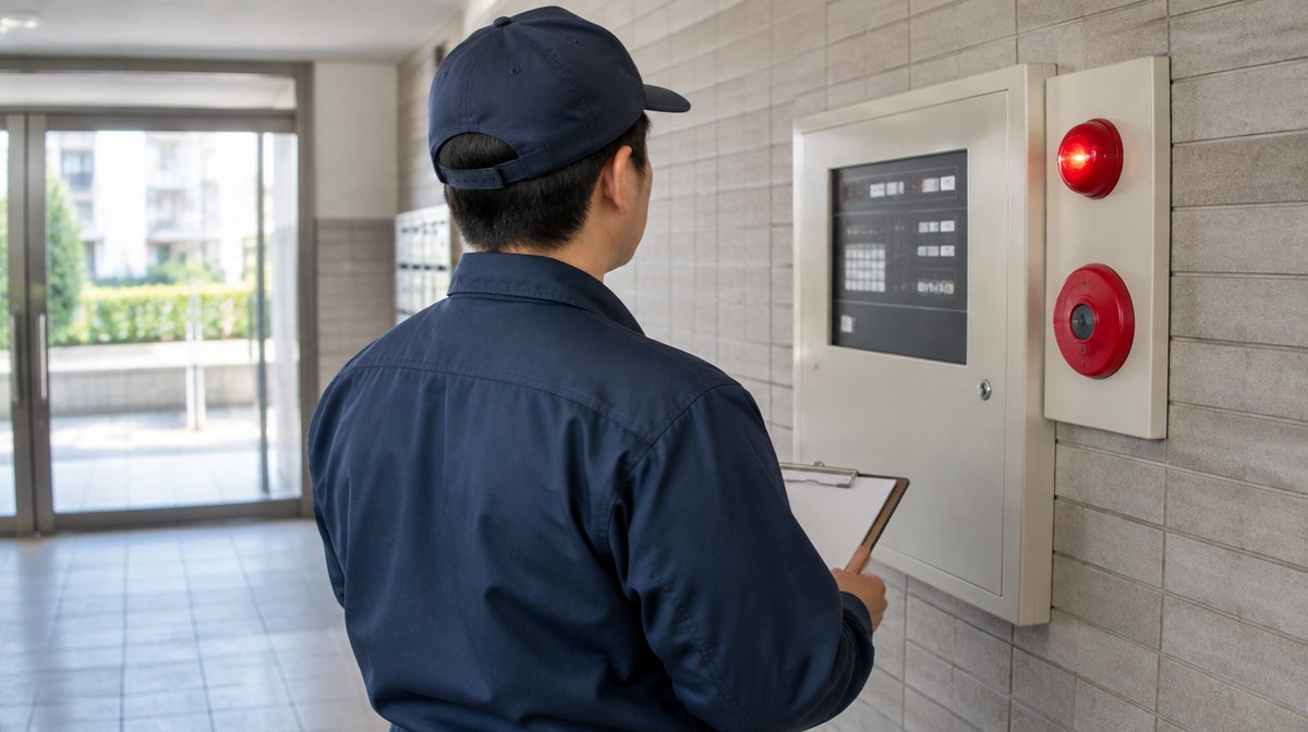 作業服の担当者がマンションのエントランスで火災受信機を確認している様子